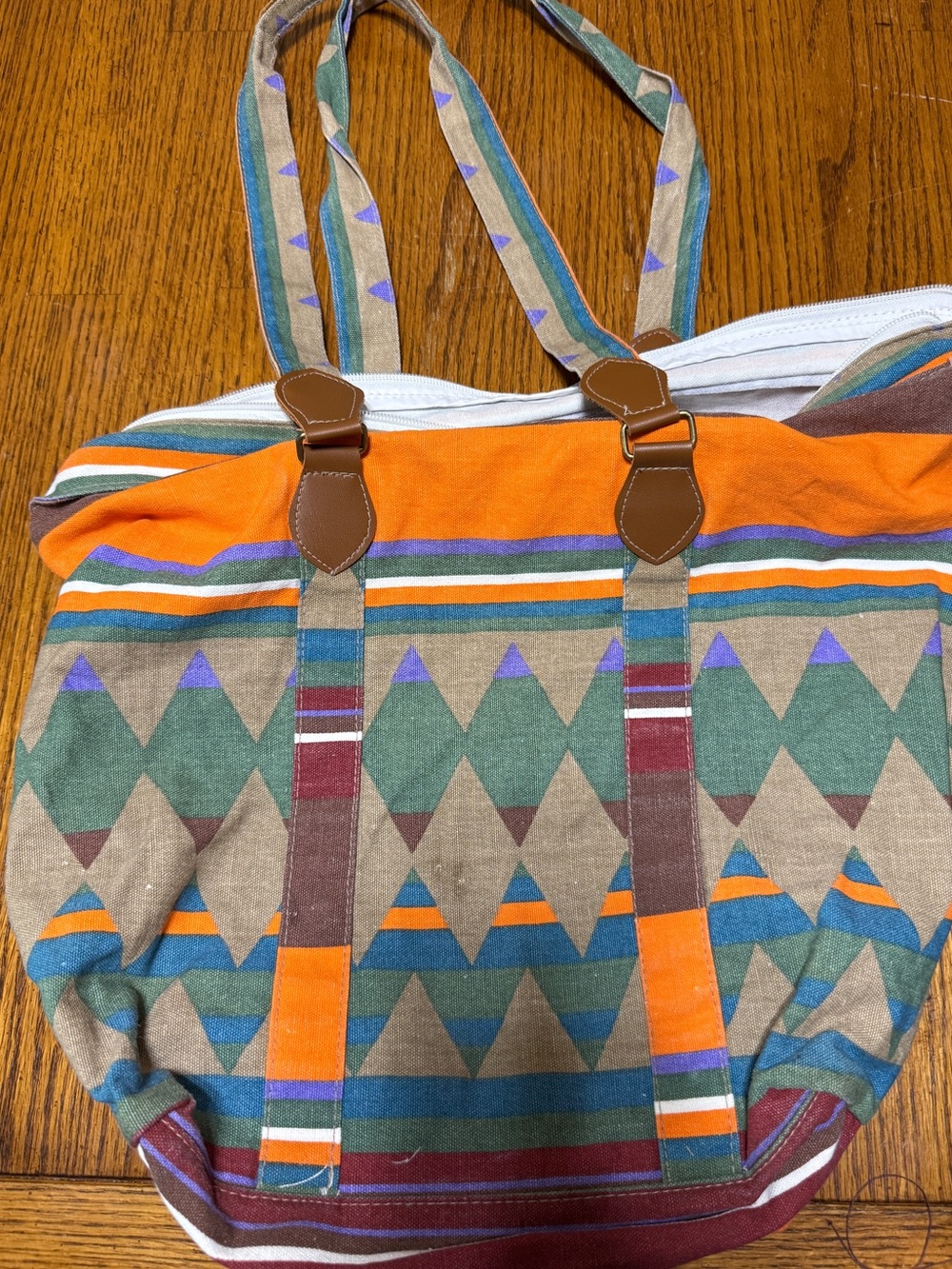 Patterned Canvas Tote Bag in Orange, Green, Teal and Purple